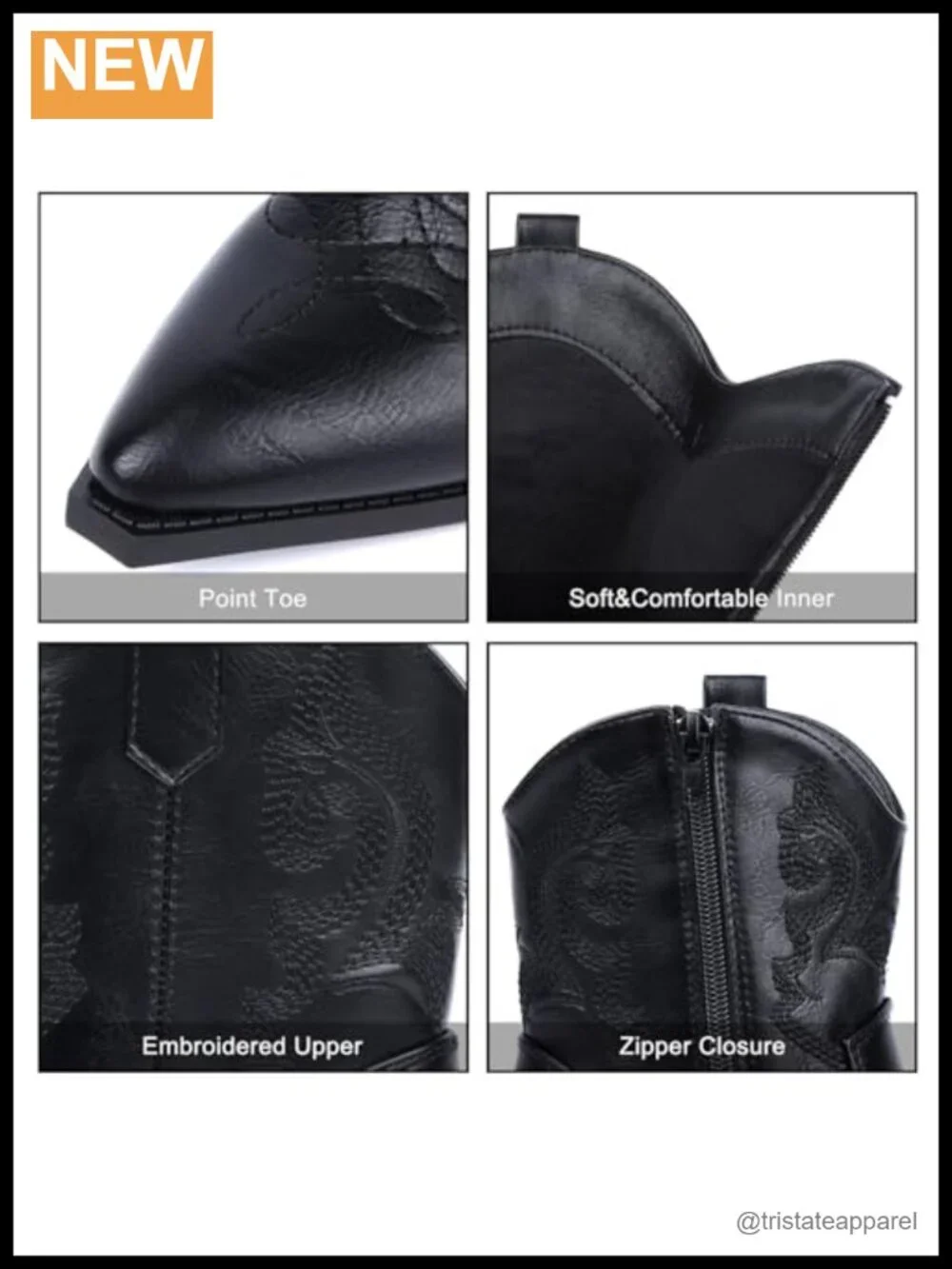 Women Ankle Cowboy Boots Pointed Toe Chunky Heel Embroidery Zipper Pull On